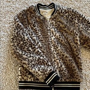 Leopard Print Faux Fur Bomber Jacket